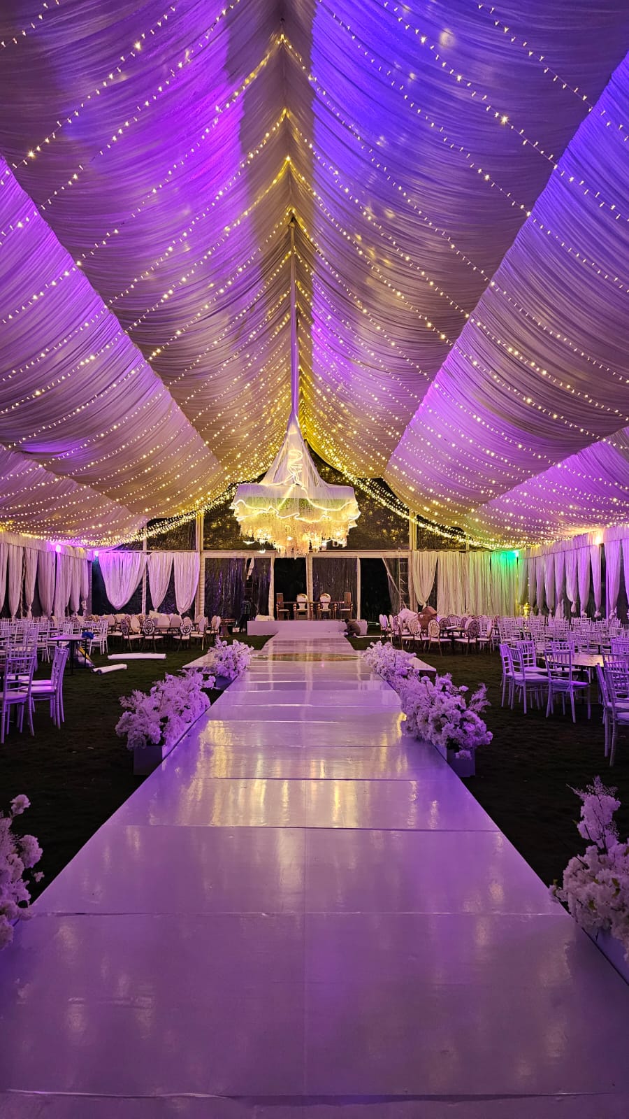 Marquee at night with purple uplighting, fairy-light draped ceiling, chandelier and a white floral-lined walkway
